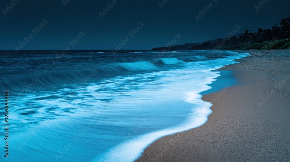 Wall mural Serene Night Beach Waves Lapping Shore Under Calm Blue Sky