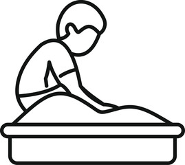 Kindergarten boy playing with sand in sandbox, simple black and white line icon design