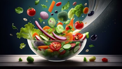 a variety of fresh vegetables are dynamically captured mid air seemingly flowing into a bowl of salad filmstrip imagery creatively suggests the ingredients in a cinematic or recipe like sequence ai