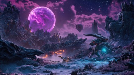 Alien landscape, nighttime, mecha, volcanic planet, fantasy art, sci-fi background, game asset