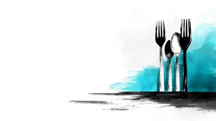  a painting of three forks and spoons on a blue and white background The forks are arranged in a triangular formation, with the spoons placed in the center The bac