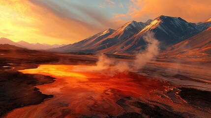 Majestic Sunset Over Volcanic Landscape with Eruptions and Mountains