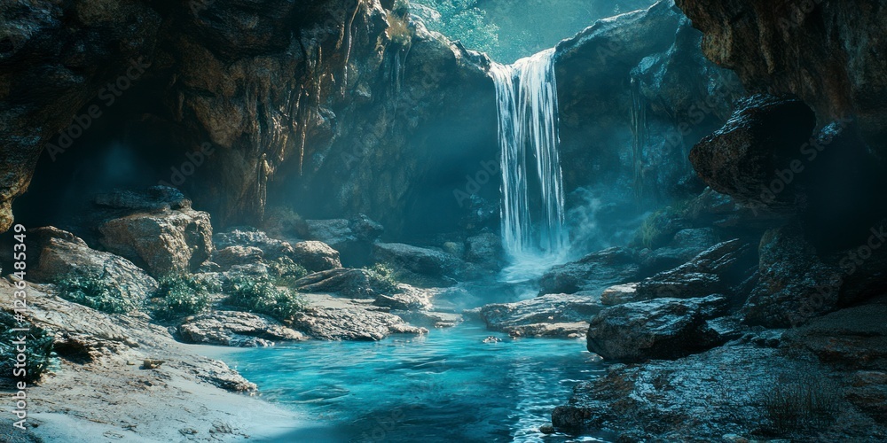 Wall mural A fantasy scene of rocks and waterfalls, with the bottom left corner being wet, blue sand. The rocks have dark green vegetation on them.