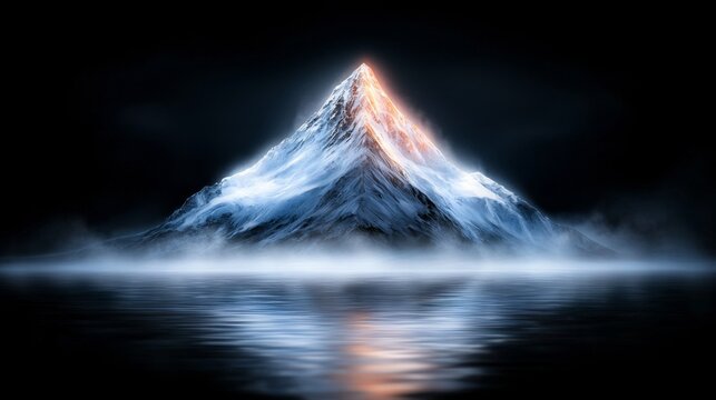  a majestic mountain in the middle of a body of water, with a dark background The mountain is covered in snow, and the water is still and reflective, creating a bea
