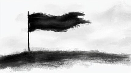  a black and white painting of a flag waving in the wind against a white background