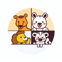 Naklejka premium Cute cartoon animals in a colorful grid featuring a lion, bear, goat, and zebra with cheerful expressions