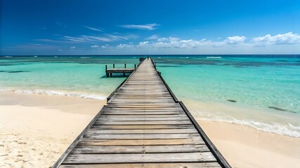 Fototapeta premium Wooden Pier Extending into Turquoise Ocean – Peaceful Beach Scene with Clear Waters
