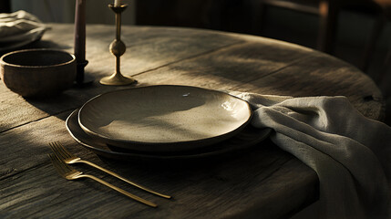A rustic table setting bathed in warm sunlight, featuring stoneware plates, gold cutlery, and a linen napkin.
