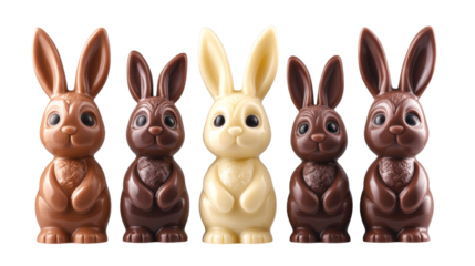 Row of chocolate easter bunnies standing on transparent background