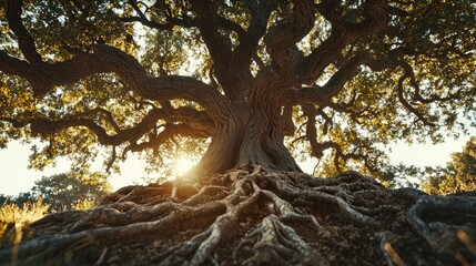 one large oak tree branches out in different directions, like the Slavic tree of life, but most of the frame is occupied by its roots, beautiful, powerful, 