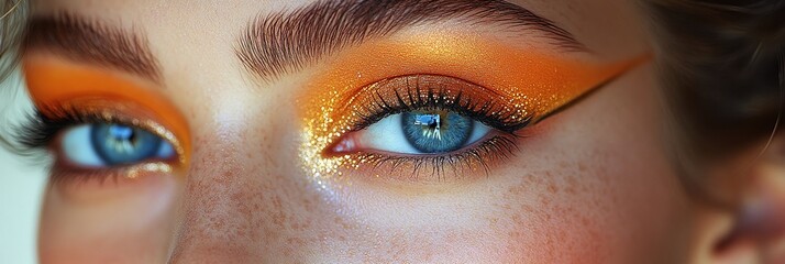 Naklejka premium Stylish makeup look featuring golden accents and vibrant orange eyeshadow for daytime glam