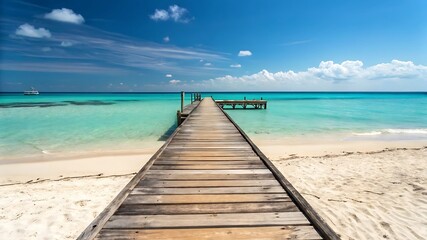 Fototapeta premium Wooden Pier Extending into Turquoise Ocean – Peaceful Beach Scene with Clear Waters