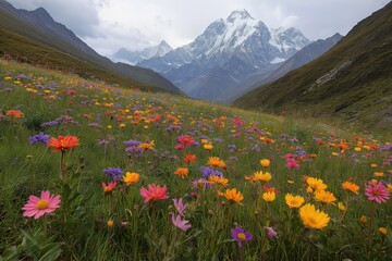 Fototapeta premium Vibrant wildflower meadow in the mountains during a cloudy afternoon