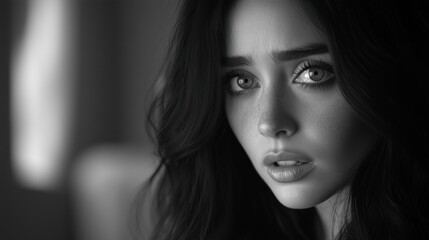 Fototapeta premium A close-up portrait of a young woman with expressive eyes and soft features in black and white.
