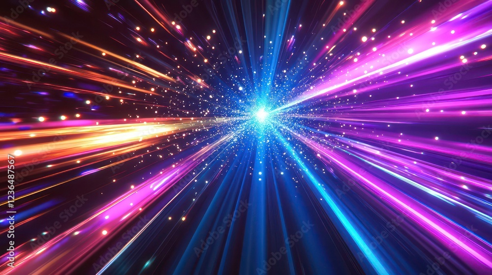 Poster Abstract light streaks converging at a central point, creating a dynamic and colorful visual effect.