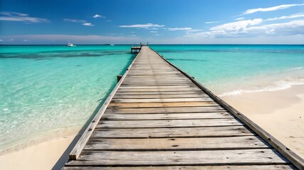 Fototapeta premium Wooden Pier Extending into Turquoise Ocean – Peaceful Beach Scene with Clear Waters