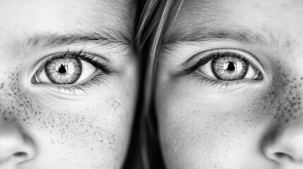 Fototapeta premium a black and white photo of a woman's face with freckles, her eyes looking directly at the viewer
