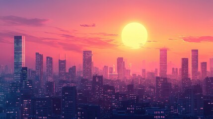 Fototapeta premium sunset city skyline with glowing sun, urban skyline at sunset with warm hues, panoramic city skyline under sunset sky, Evening atmosphere in a big city.