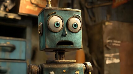 Distressed blue boxy robot with big eyes expressing shock and surprise