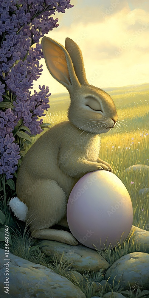 Poster Serene rabbit resting beside a large egg in a vibrant meadow