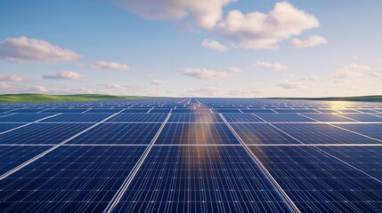 Expansive Solar Panel Array Under Bright Blue Sky and Fluffy Clouds