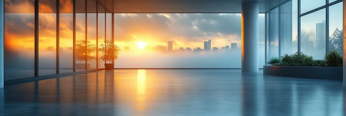 Bright sunrise view from modern office space overlooking city skyline in tranquil setting