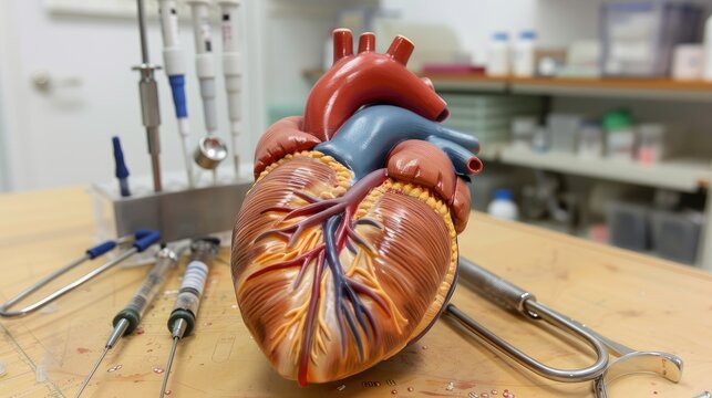 Realistic model of a human heart, on a lab table with medical instruments --no text and people, human --chaos 10 --ar 16:9 Job ID: 5189fa78-a067-4608-9b6a-93c9c33ee858