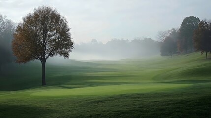 A tree stands in a field of grass with fog in the background