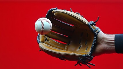 Fototapeta premium Hand in a leather baseball glove catches a white ball in defocus on a red background