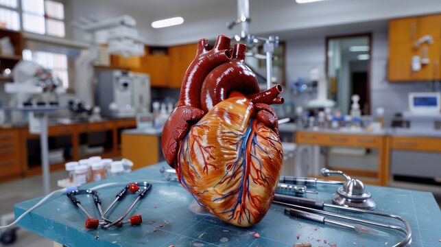 Realistic model of a human heart, on a lab table with medical instruments --no text and people, human --chaos 10 --ar 16:9 Job ID: aea4b387-3dbf-4533-8800-5b7060e84d49