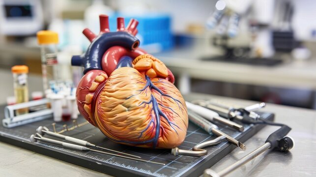 Realistic model of a human heart, on a lab table with medical instruments --no text and people, human --chaos 10 --ar 16:9 Job ID: aea4b387-3dbf-4533-8800-5b7060e84d49