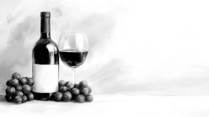 Obraz premium a black and white painting of a bottle of wine and a glass of red wine on a table The bottle is a deep red color and the glass is filled to the brim with the deep