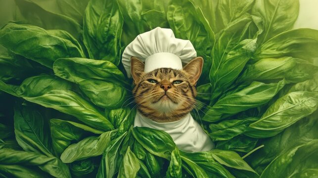 A playful scene featuring a cat dressed as a chef, beautifully blending with lush green spinach leaves, showcasing a whimsical take on culinary adventures in nature.