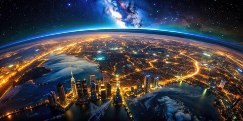 Fototapeta premium A dazzling urban tapestry unfolds from space; night lights illuminate a sprawling metropolis, a satellite's breathtaking view.