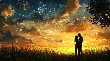 A romantic silhouette of a couple embracing against a vibrant sunset, with a starry sky and lush grass creating a dreamy atmosphere.