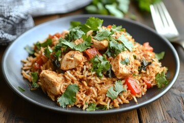 Delicious Chicken and Rice Dish Garnished with Fresh Herbs on a Rustic Wooden Table