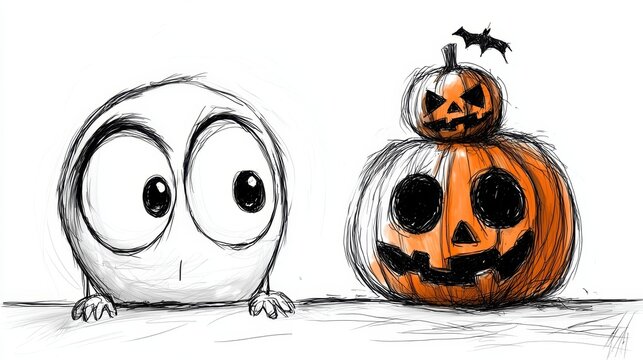  a drawing of two pumpkins, one with a bat perched on top of it, against a white background The pumpkins are drawn in a cartoonish style, with bright colors and exa