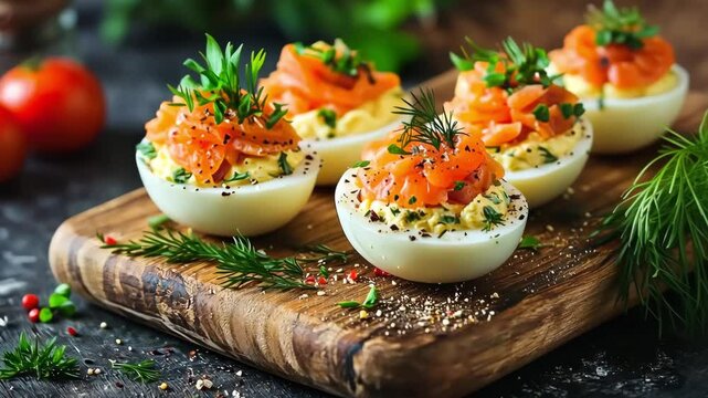 Freshly prepared deviled eggs are topped with smoked salmon, showcasing vibrant herbs and spices. The rustic kitchen background adds a warm and inviting atmosphere to the dish.