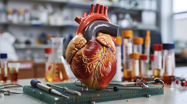 Realistic model of a human heart, on a lab table with medical instruments --no text and people, human --chaos 10 --ar 16:9 Job ID: f9f40f38-e097-4e30-9a44-4b0917421fe6