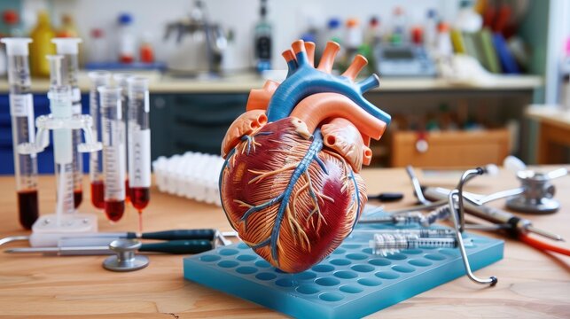 Realistic model of a human heart, on a lab table with medical instruments --no text and people, human --chaos 10 --ar 16:9 Job ID: f9f40f38-e097-4e30-9a44-4b0917421fe6 - Powered by Adobe