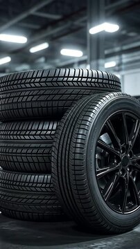 Stacks of black tires are arranged neatly in a well-lit automotive garage. The focus is on the textures and patterns, highlighting their durability and design. A space that caters to car enthusiasts.