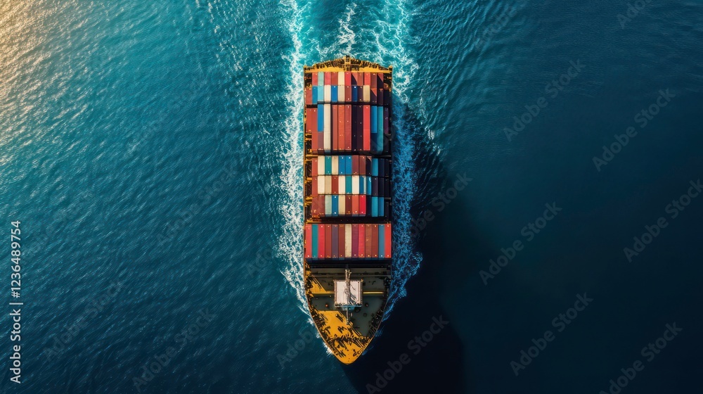 Poster Aerial view of a container ship sailing on the ocean.