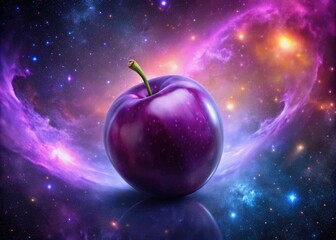 A deep space nebula cradles a radiant, neon purple plum; galactic wonders surround this cosmic fruit.