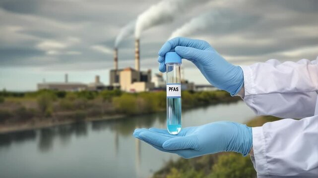 PFAS testing. The laboratory technician's hands hold a test tube with water against the background of a river and a factory in the distance. Concept of Environmental.