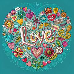 Naklejka premium Colorful Doodle Heart with Love and Romantic Elements
