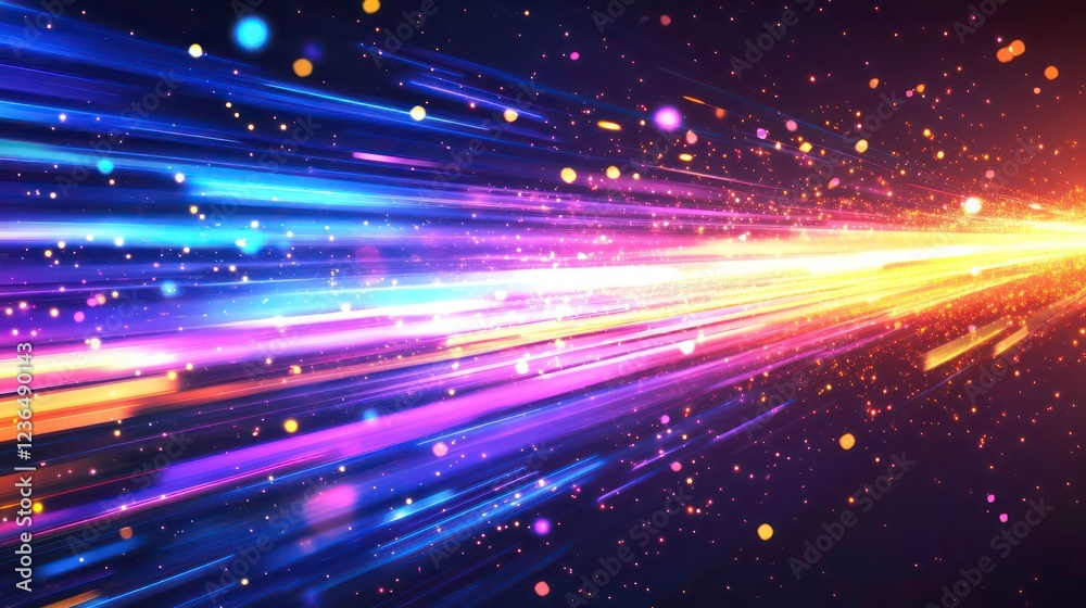 Poster Abstract colorful light streaks and particles radiating outwards, creating a dynamic and energetic visual.