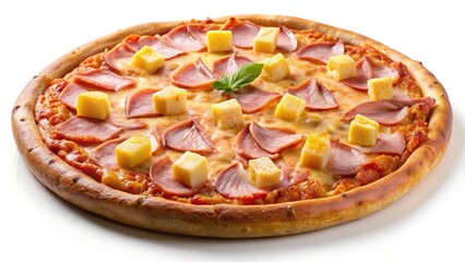 A delectable Hawaiian pizza, showcasing juicy pineapple and savory ham, in a crisp high-resolution PNG image.