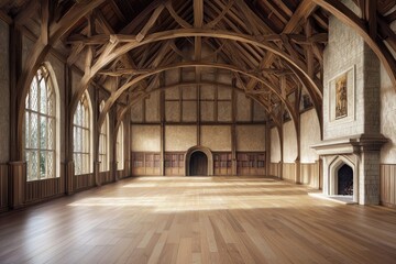 Obraz premium Empty hall with large windows, fireplace, and wood beams, ideal for events.