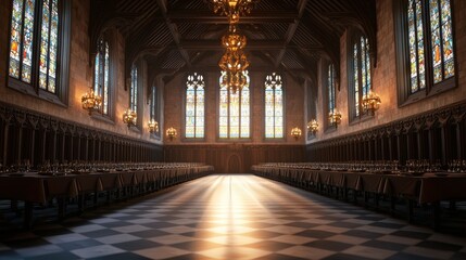 Fototapeta premium Grand Hall with Stained Glass Windows and Elegant Chandeliers