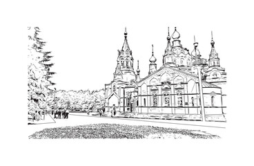 Obraz premium Building view with landmark of Chelyabinsk Russia. Hand drawn sketch illustration in vector.
